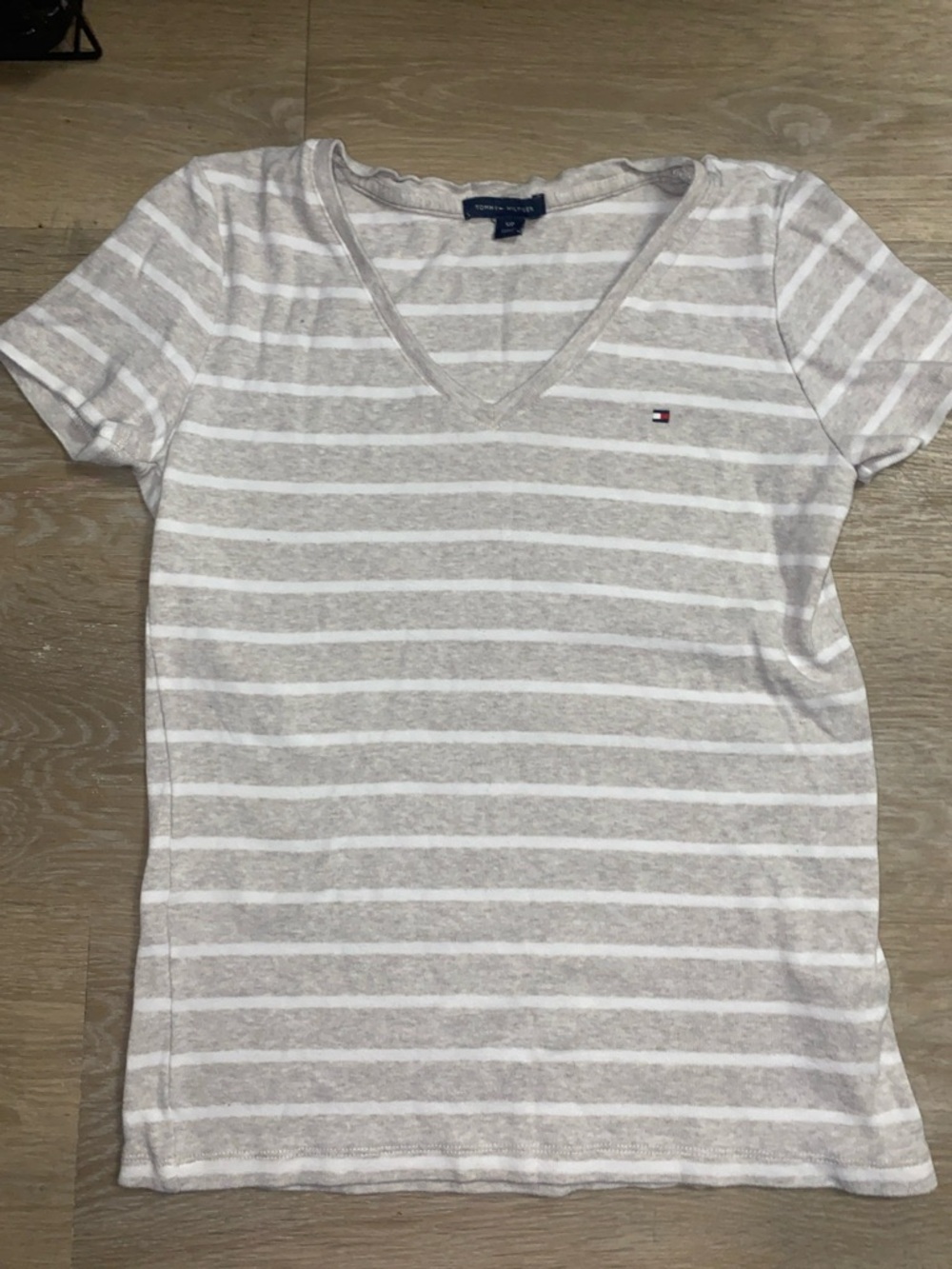 Tommy Hilfiger Light Gray & White Striped V-Neck Tee